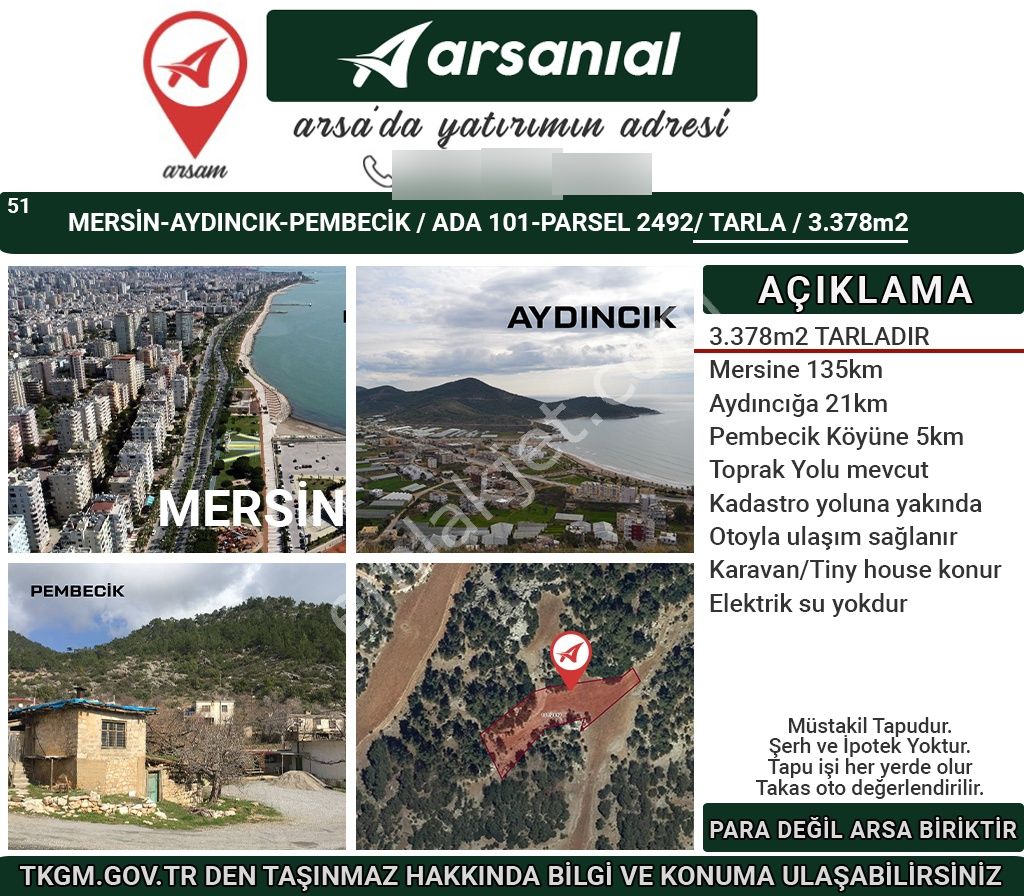 Mersin Aydıncık Pembecik Satılık 3378m2 Tarla