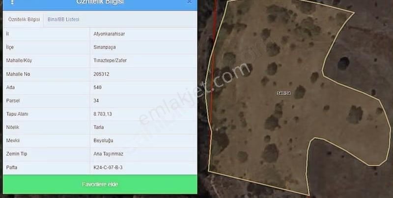 Sinanpaşa Tınaztepe'de 8.783 M'lik Satılık Hesaplı Tarla