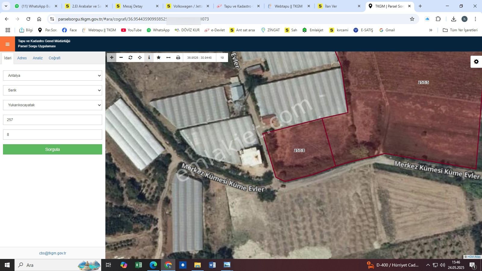 Antalya Serik Yukarıkocayatak Ta Müstakil Tapu 2 Dönüm Satılık