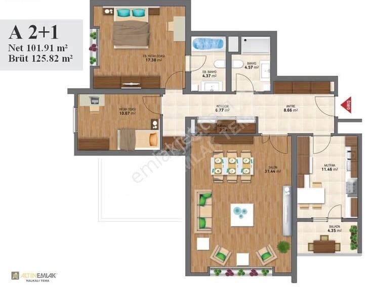 Avrupa 3 Konutları 125m2 2+1 Full Peyzaj Satılık Daire - Görsel 8