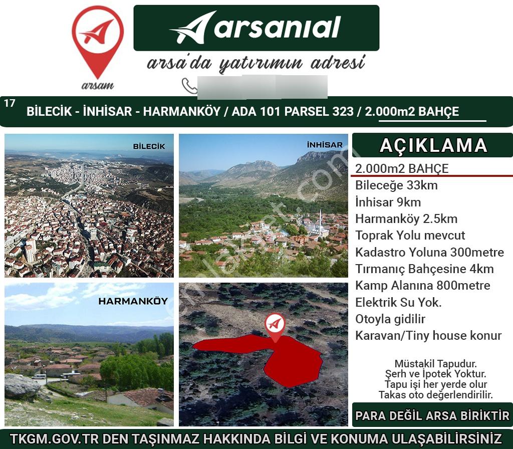Bilecik İnhisar Harmanköy Satılık 2000m2 Bahçe