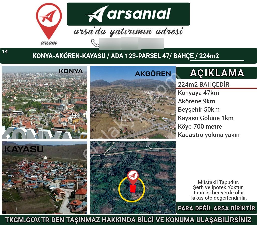 Konya Akgören Kayasu Satılık 224m2 Bahçe