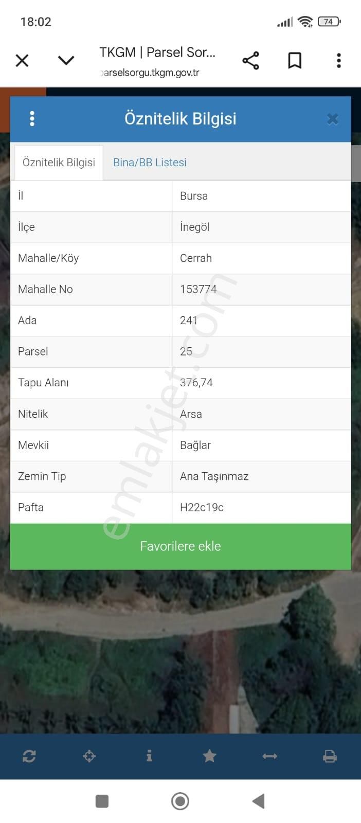 Bursa İnegöl Cerrah Mah 2 Parsel 501m2 İşyeri Yapımına Uygun 376m2si Villalık Satılık Arsa