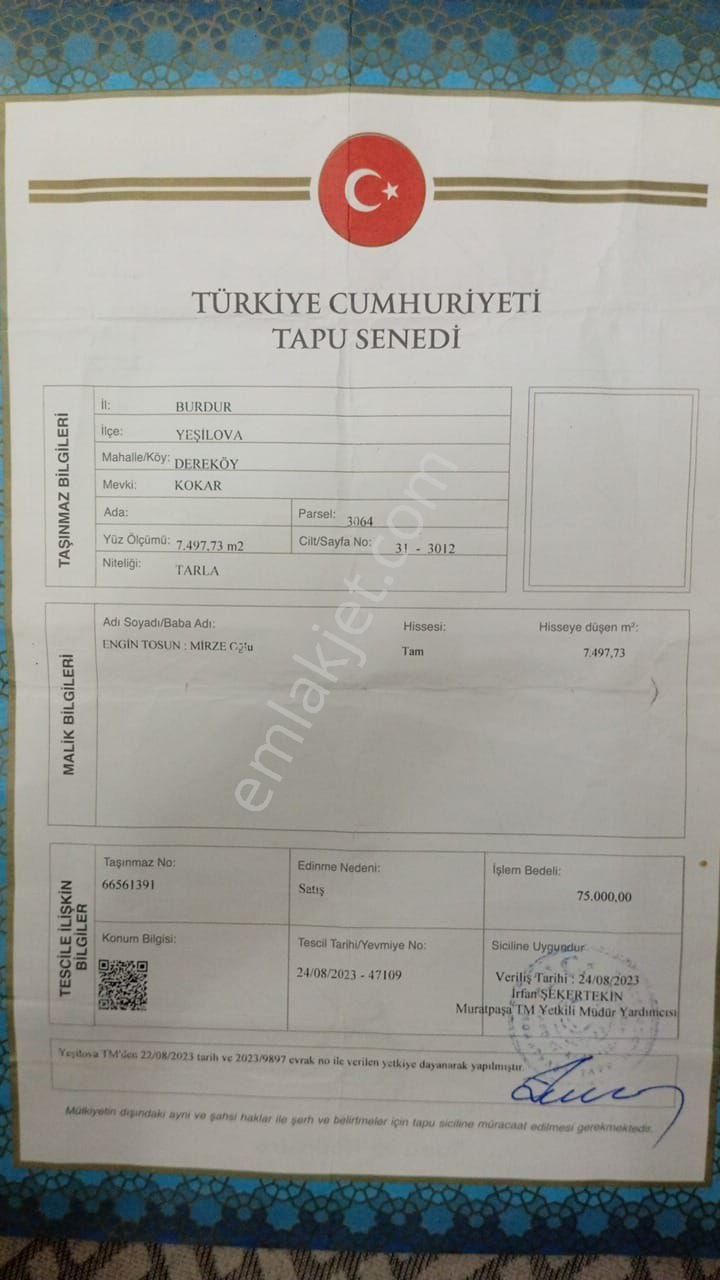Burdur Yeşilova Dereköyde Satılık