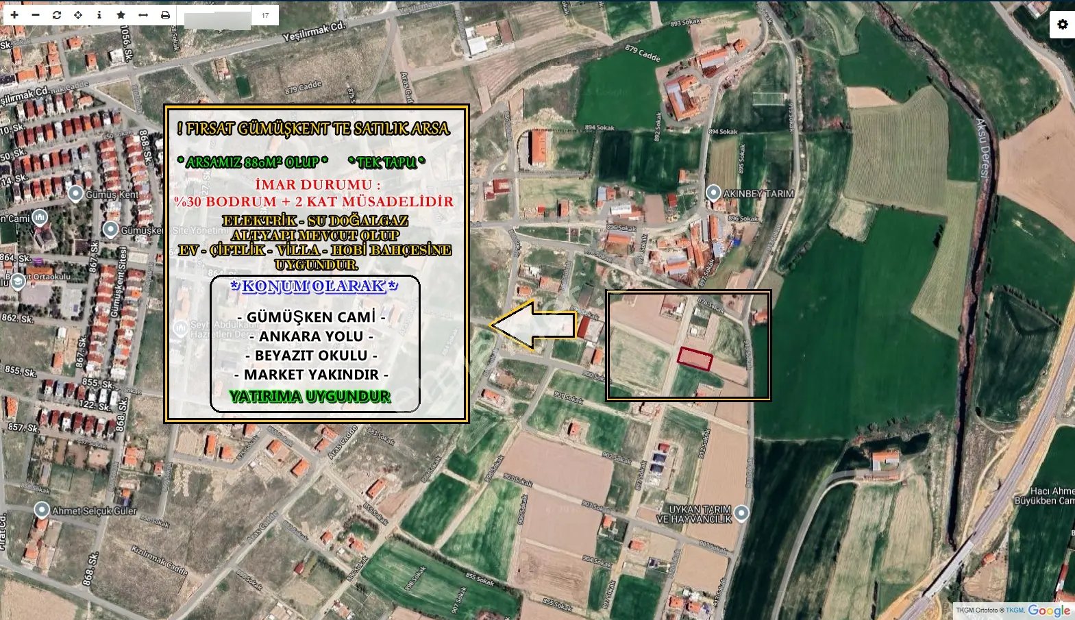 Afyon Üçok Emlaktan Gümüşkentte Satılık 880m² İmarlı Arsa