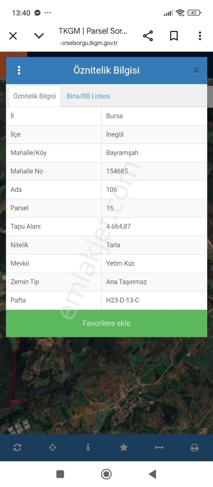 Bursa İnegöl Bayramşah Mah 4.664.87m2 Ana Yola 2 Tarla İçerde Satılık Tarla