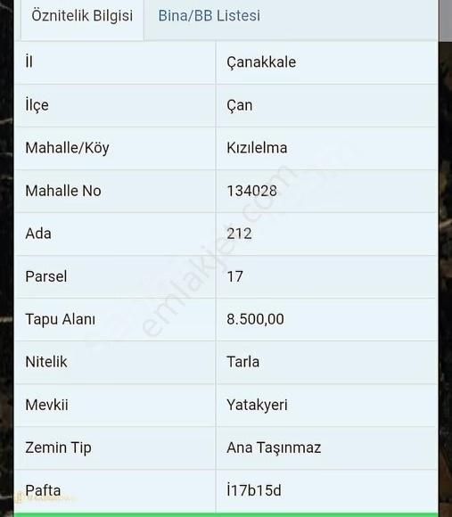 Çanakkale Çan Kızılelma Köy'ünde Satılık Tarla