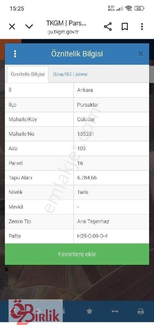 Pursaklar Karşıyaka Da Satılık Tek Tapu Tarla
