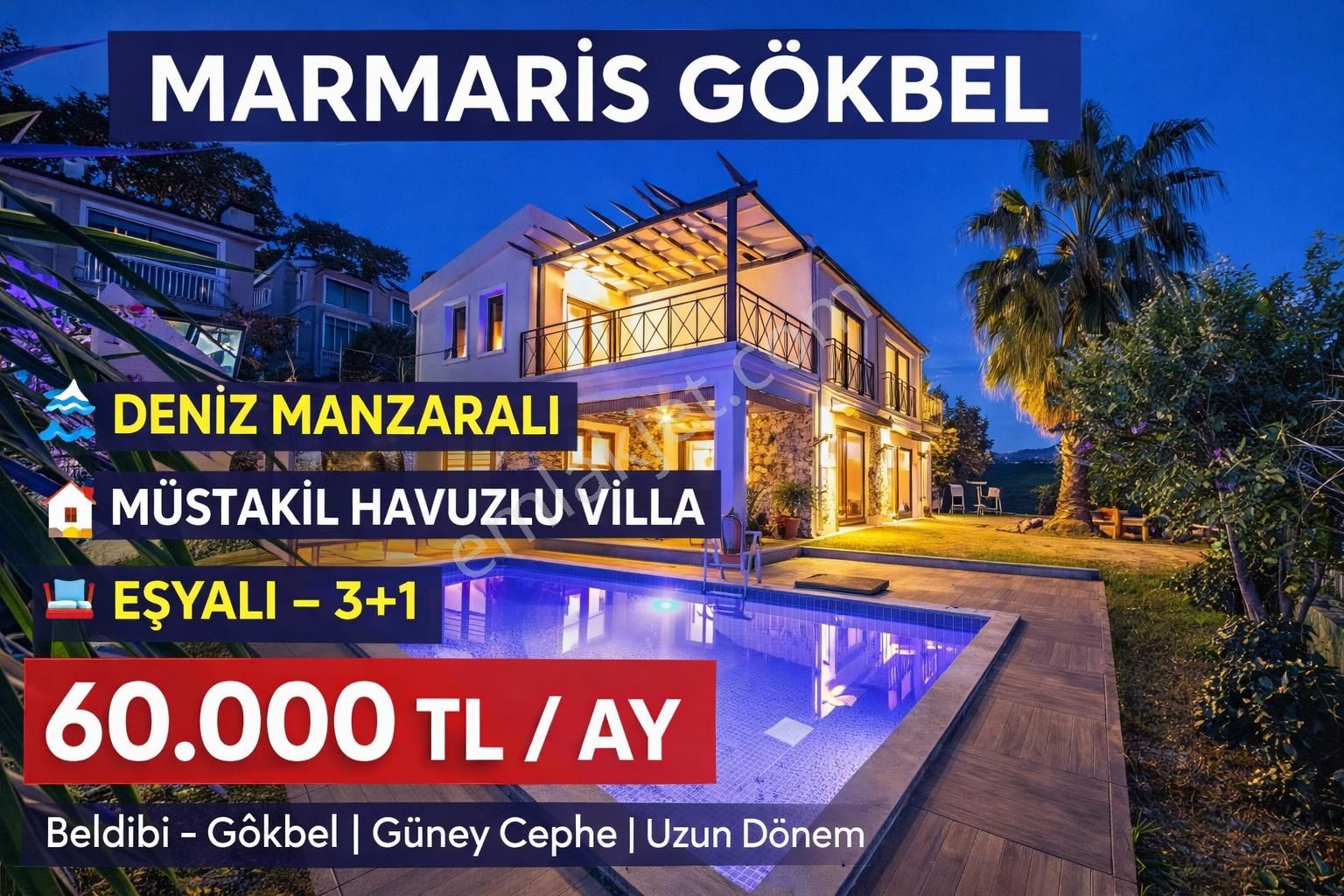 🌴 Marmaris Beldibi Gökbel’de Deniz Manzaralı, Havuzlu, Eşyalı Müstakil Villa Kiralık 🌴