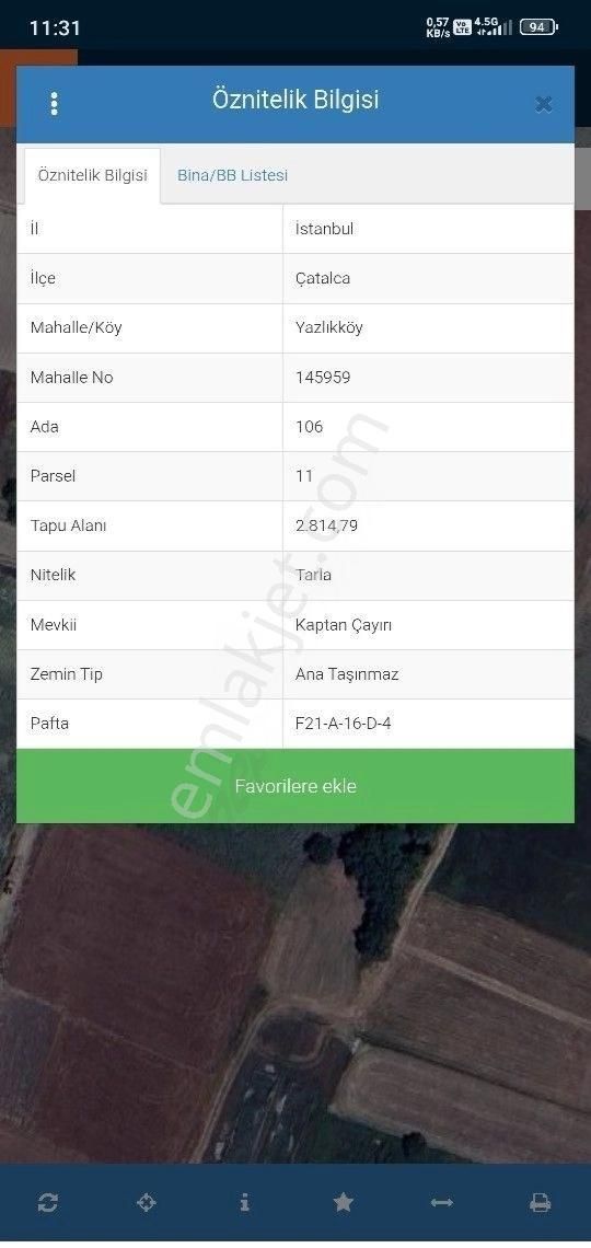 Çatalca Yazlıkköyde Araç Takasına Açık Satılık Yatırımlık Tarla
