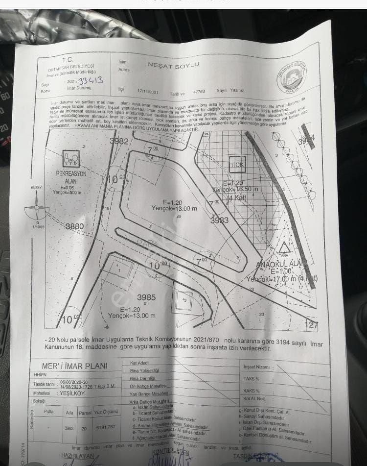 Pelitli Yeşilköy'de Havalimanıns 500m Ticari,konut İmarlı Arsa