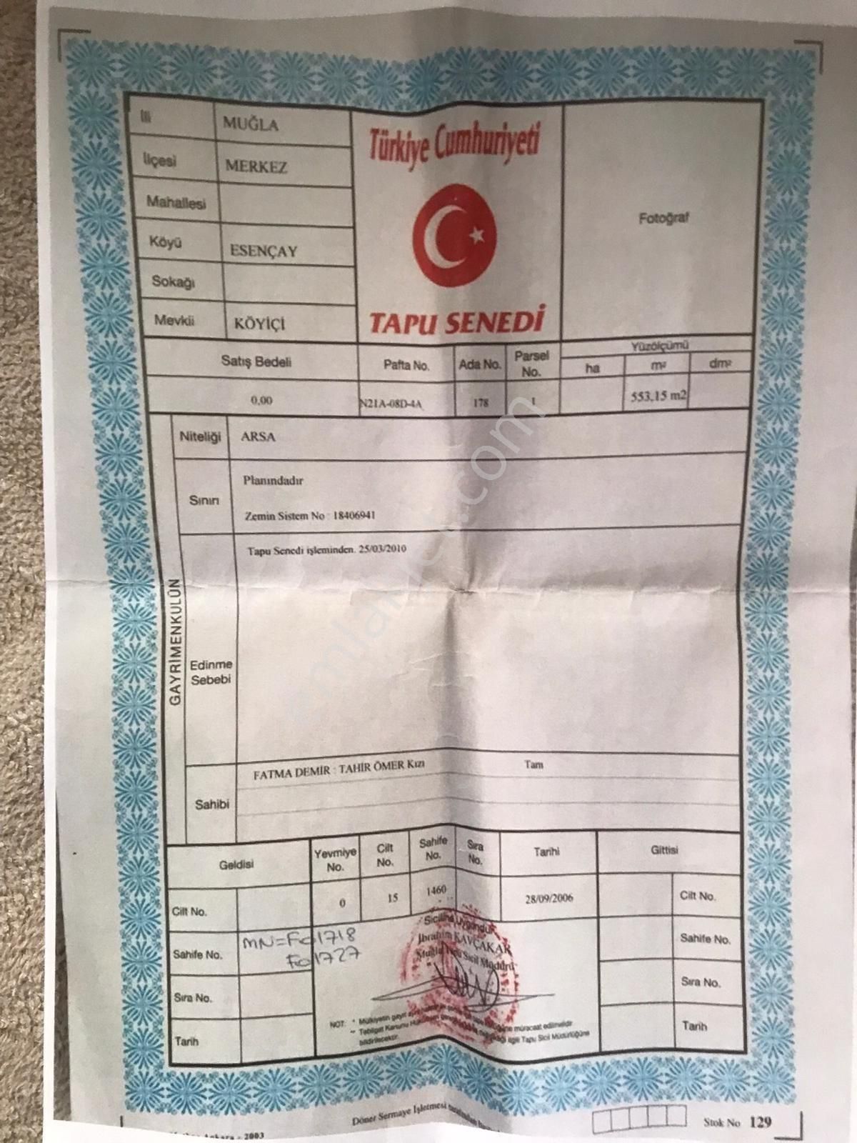 Muğla Merkez Esençay Köyiçi’nde 553 M² Satılık Arsa