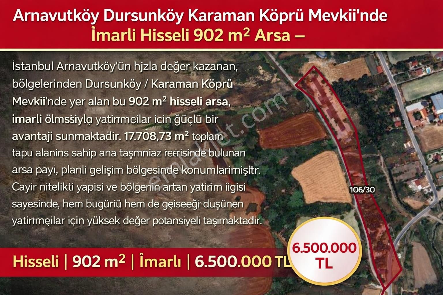 Arnavutköy Dursunköy Karaman Köprü Mevkii’nde İmarlı Hisseli 902 M² Arsa – 6.500.000 Tl