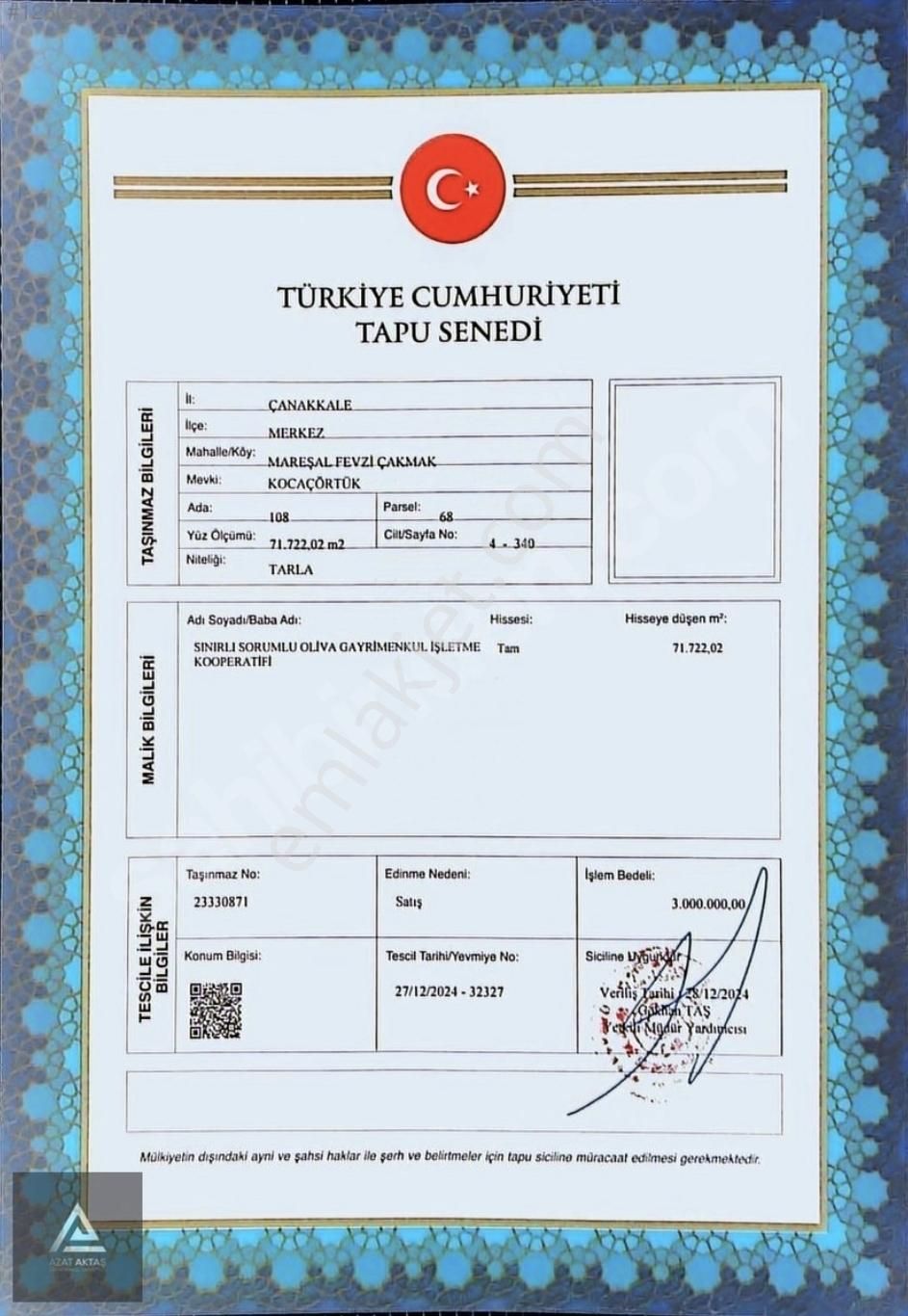 Çanakkale/mareşalfevziçakmak Köyünde/acil/hisselisatılık Arsalar