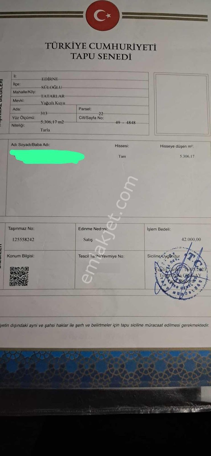 Acil Edirne Süloğlu Tatarlar Tek Tapu 5300 M2 Yola Cephe