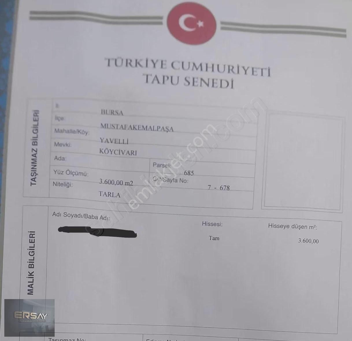 Ersay'dan Satılık Tarla-çok Uygun Fiyatlı -yatırımlık