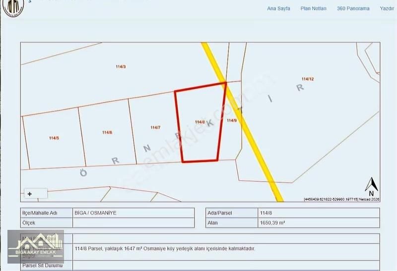 Çanakkale Biga Osmaniye 1650m2 Köyiçi İmarlı Satılık Arsa
