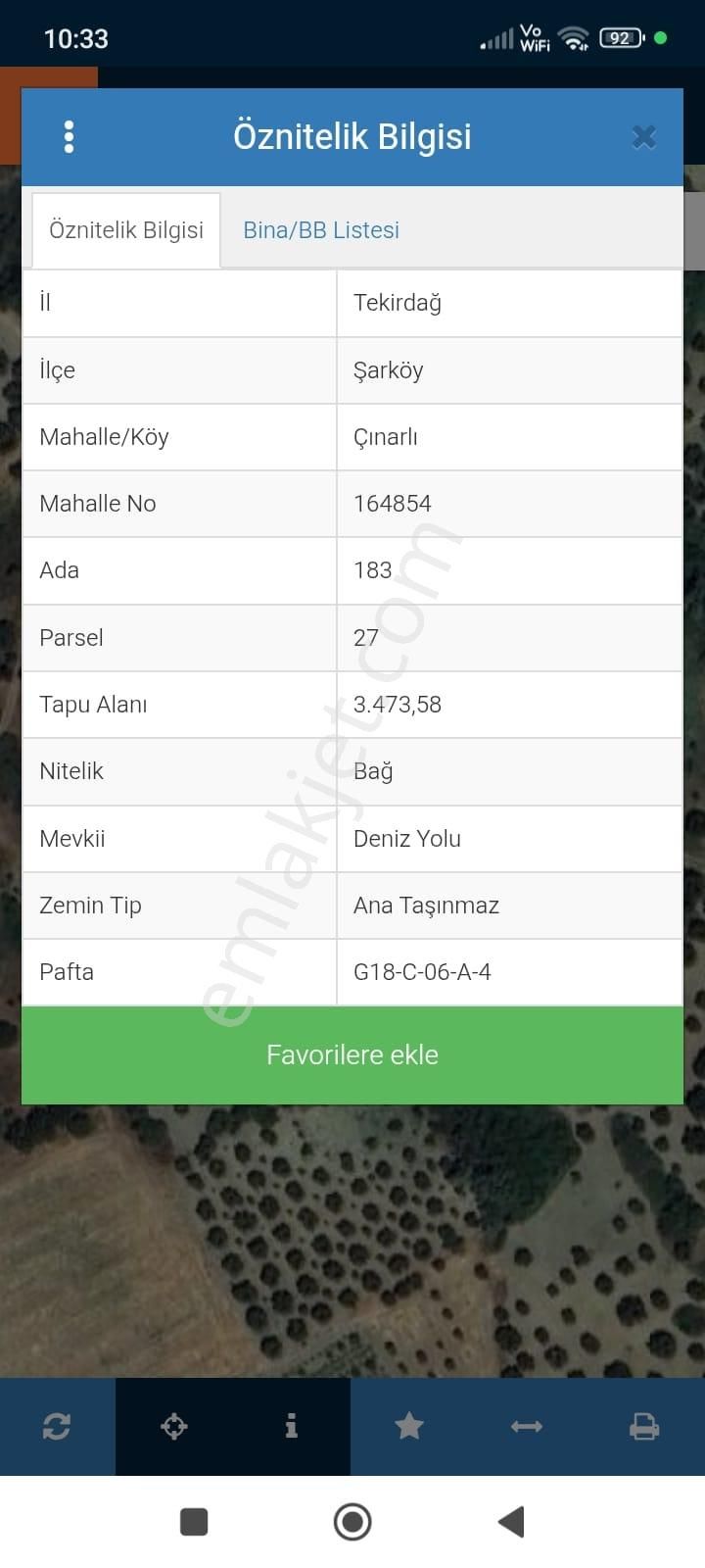 Atabey Gayrimenkulden Şarköy Çınarlı Mah. Satılık Bağ