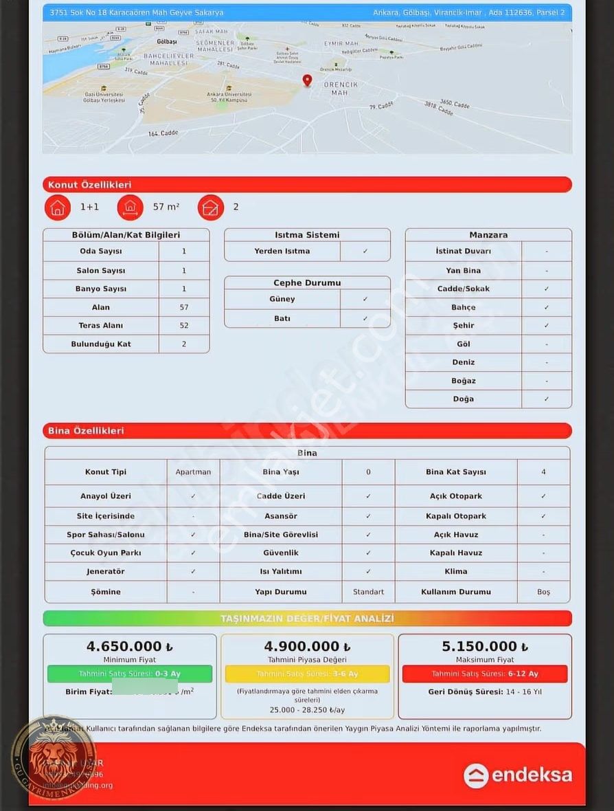 Gölbaşı Örencik Üniversite Hastane Bankalar Yakını Satılık Daire