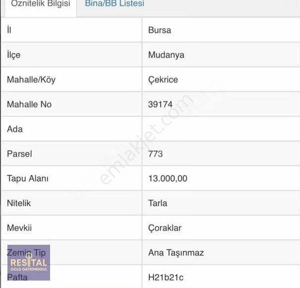Mudanya Çekricede 6500 M2 Hisseli Satılık Tarla