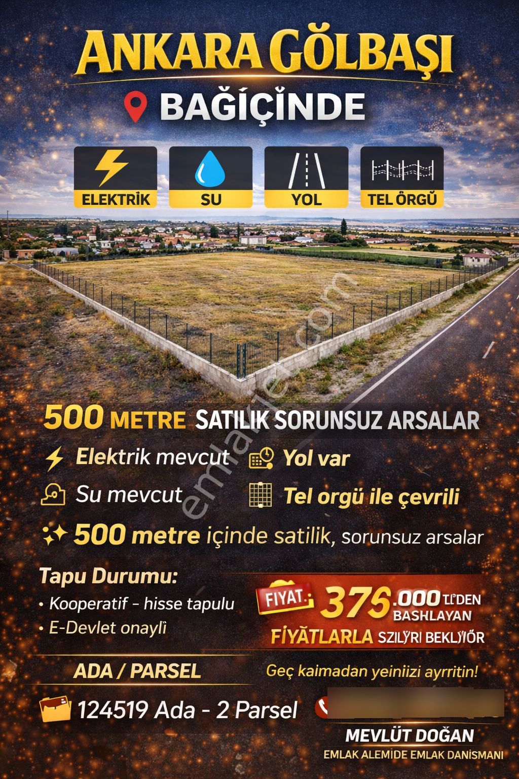 Ankara Gölbaşı Bağiçinde 500 Metre Elektirik Su Yol Tel İçinde Arsalar