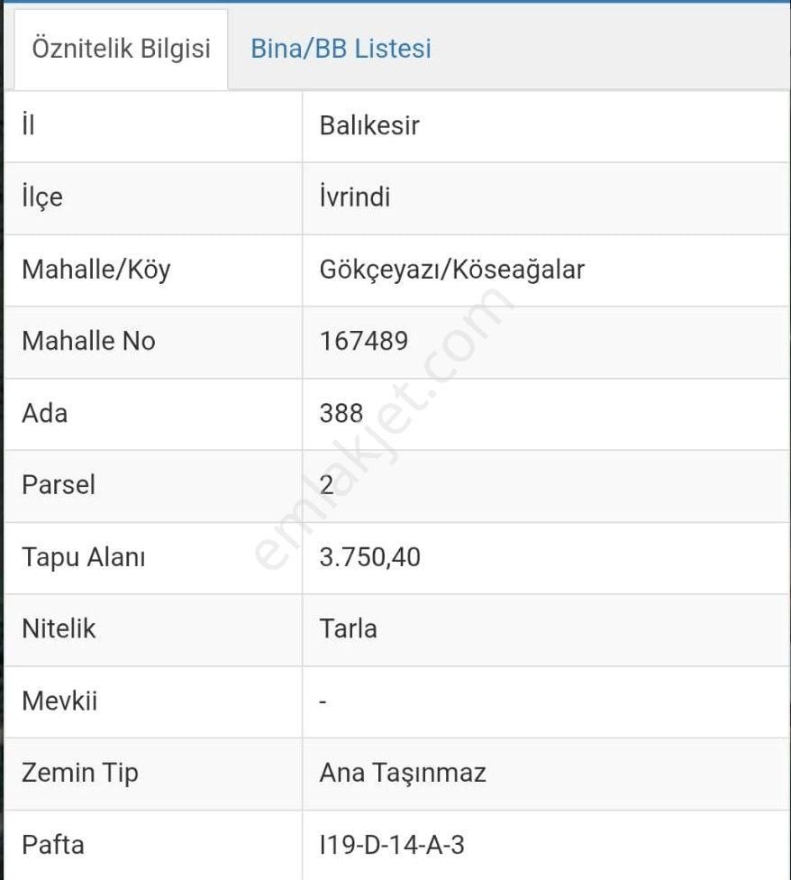 Balıkesir İvrindi Gökçeyazı/köseağlar Mh.3750m2 Satılık Tarla