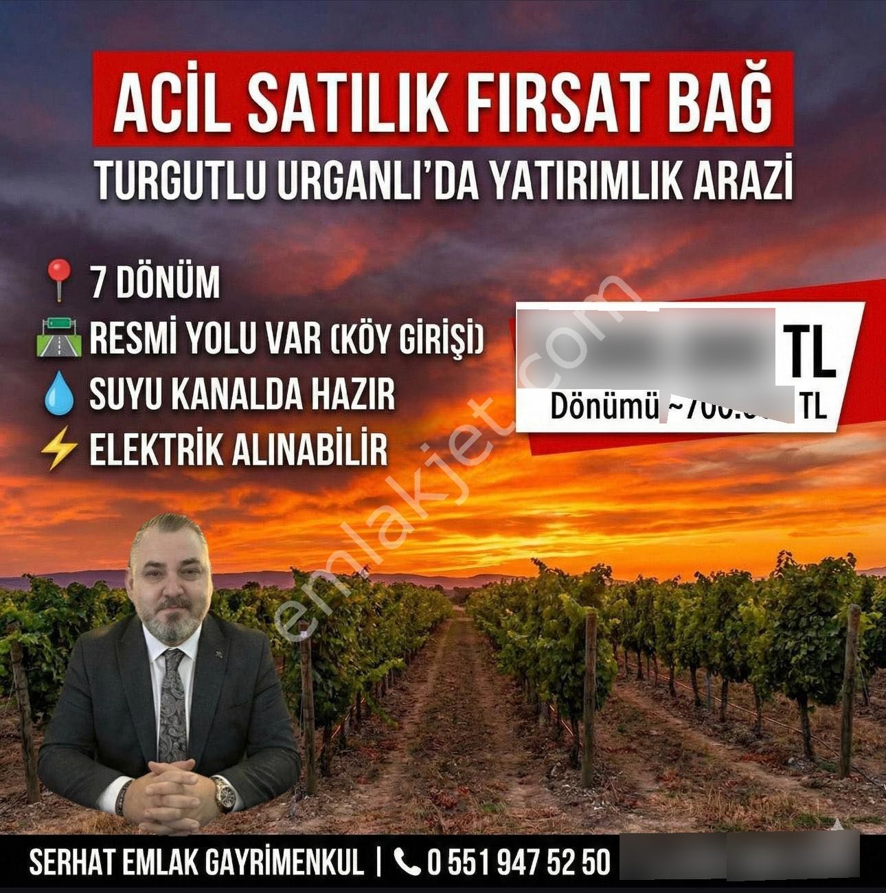 Turgutlu Satılık Urganlı Mah 7000m2 Üzüm Bağı Yolu Var Su Kanalda Hazır