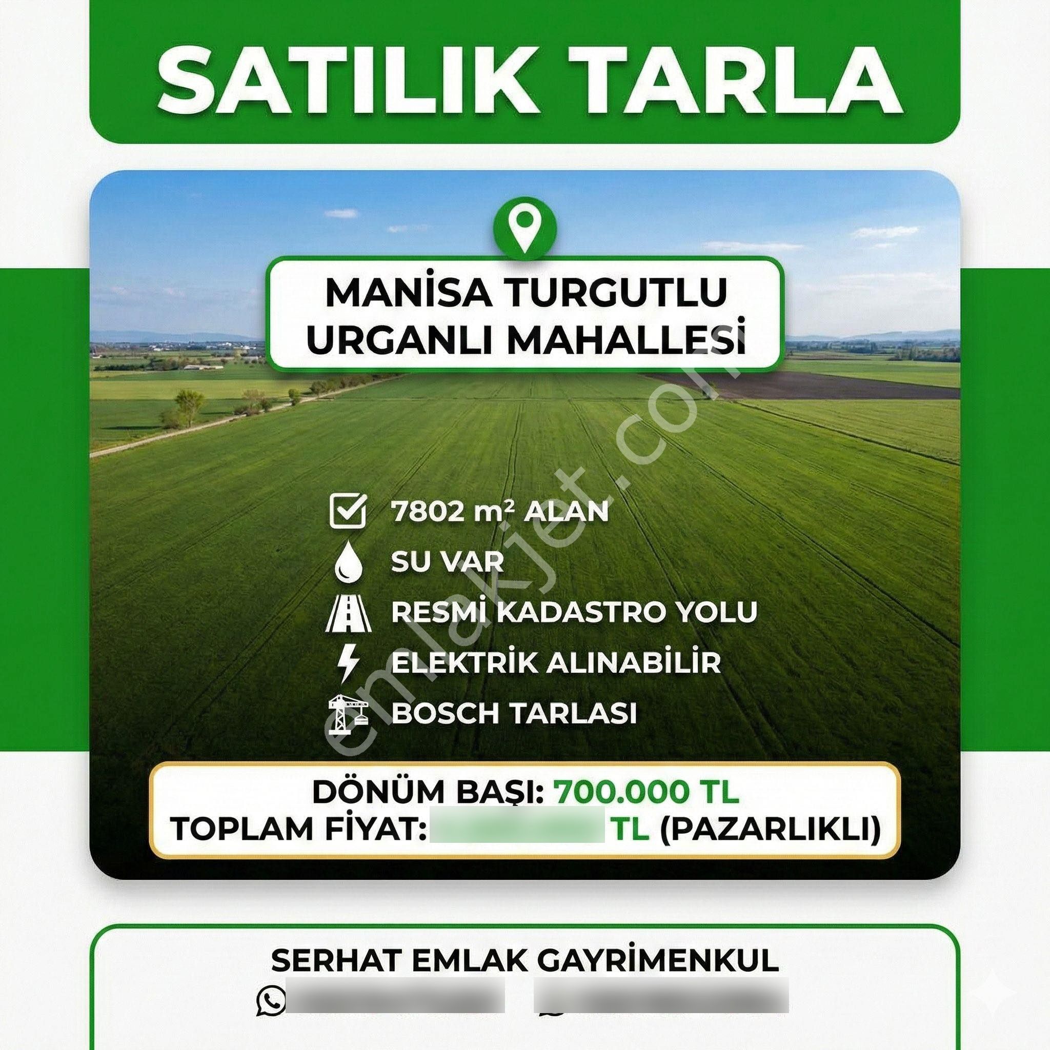 Turgutlu Satılık Urganlı Mah 7.802m2 Boş Tarla Su Var Resmi Yolu Var Daire Takasına Açık