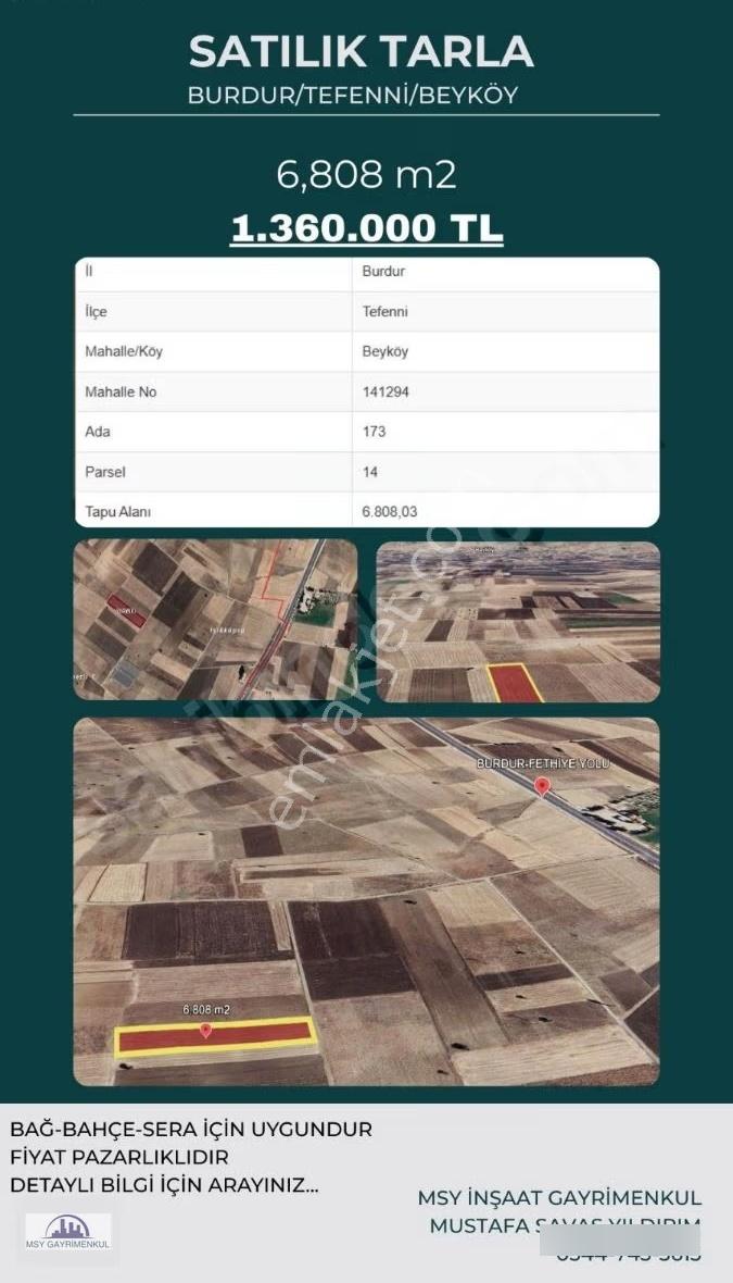 Burdur Tefenni Beyköy De 6.808.m2 Tarla Satılık