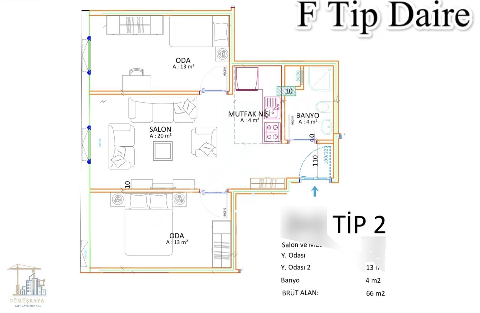 Sesport Rezidans / 2+1 65 M² / Ön Ve Yan Cephe / Daire Ofis - Görsel 3