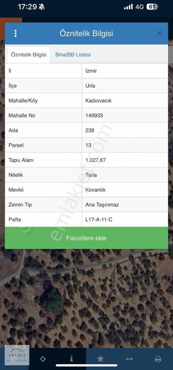 Urla Kadıovacık 1 Dönüm Müstakil Tapu