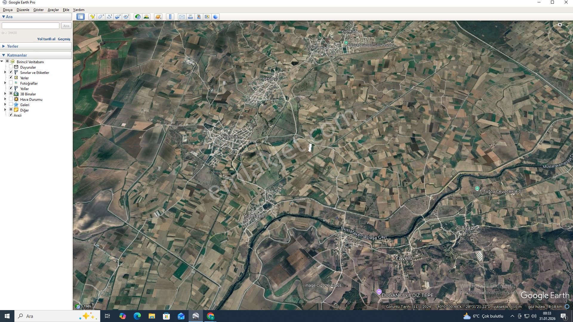 Yeşilova Doğancı Bağlantı Yolu Üzeride Sulu Tarım Arazisi Mustafakemalpaşada