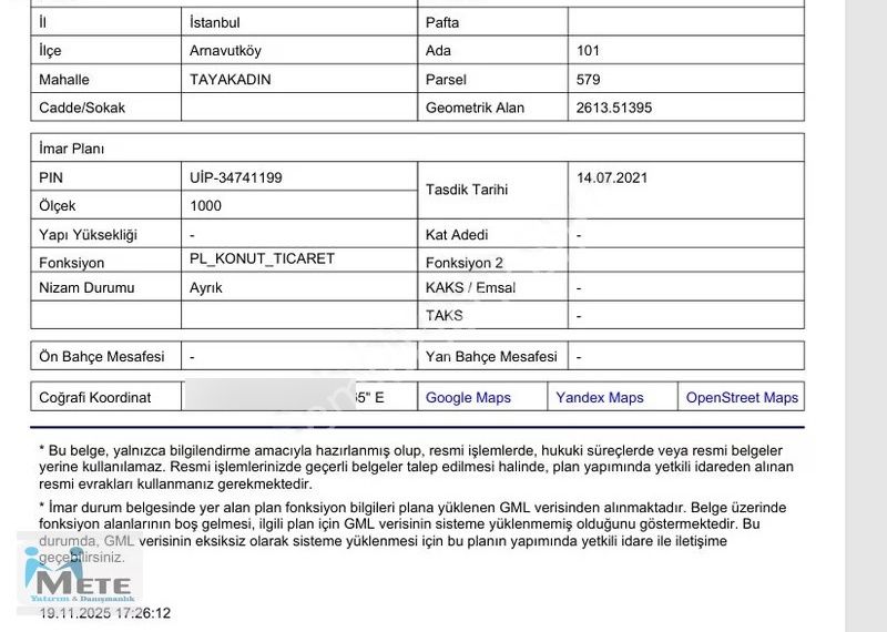 Arnavutköy Tayakadın Mah.'sinde 220 M² Satılık Hisse Tarla