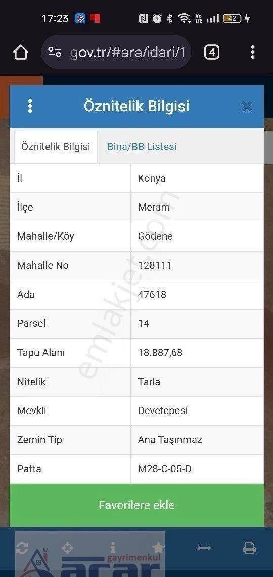 Meram Gödene'de Satılık 309 Metre Bahçe Yeri