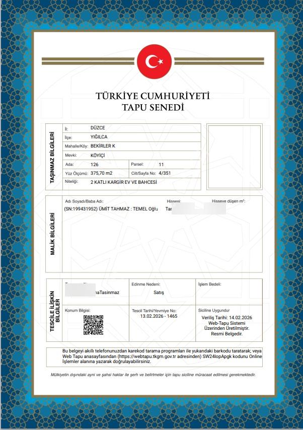 Düzce Yıgılca Müstakil Ev Tapu Sahibi Perta Emlak Ümit Tahmaz