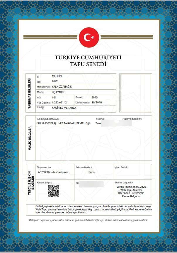 Mersin Mut Müstakil Ev Tapu Sahibi Perta Emlak Ümit Tahmaz