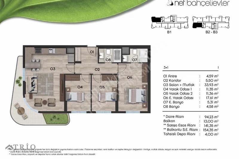 Nef Bahçelievler Sitesinde Giyinme Odalı 3+1 Satılık Daire - Görsel 4