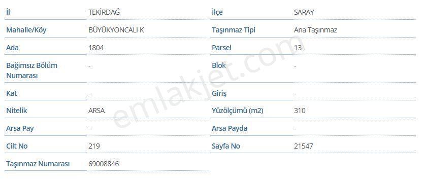 Tekirdağ Saray Büyükyoncalı 310m2 Arsa