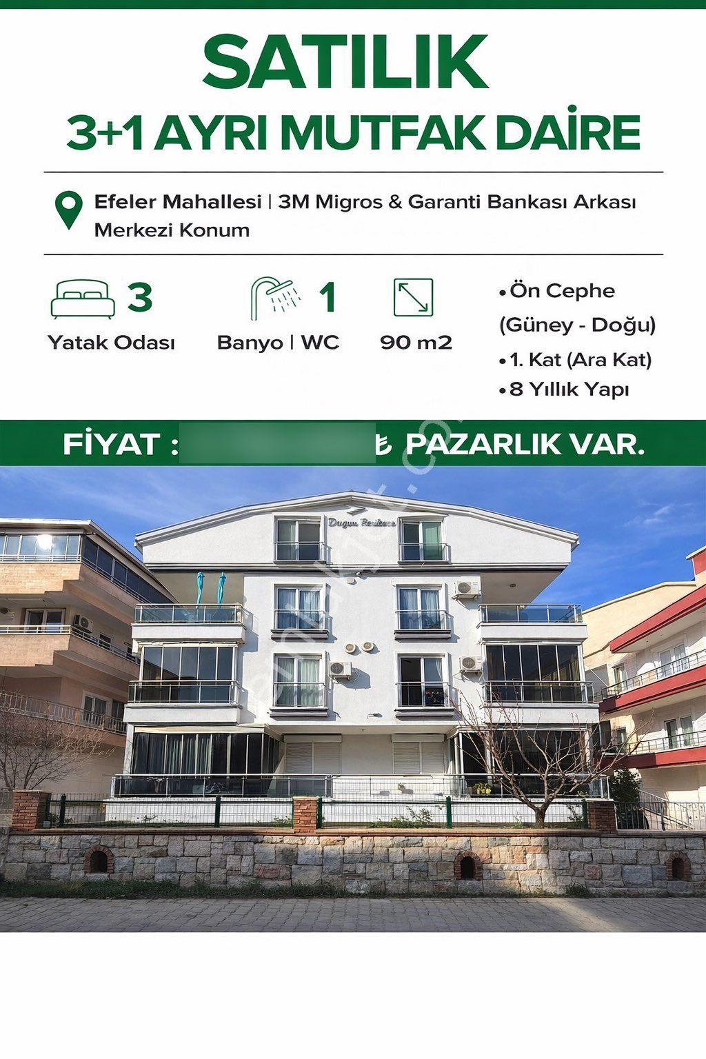 Efeler 3m Migros & Garanti Bankası Arkası Merkezi Konum Satıllık 3+1 Daire