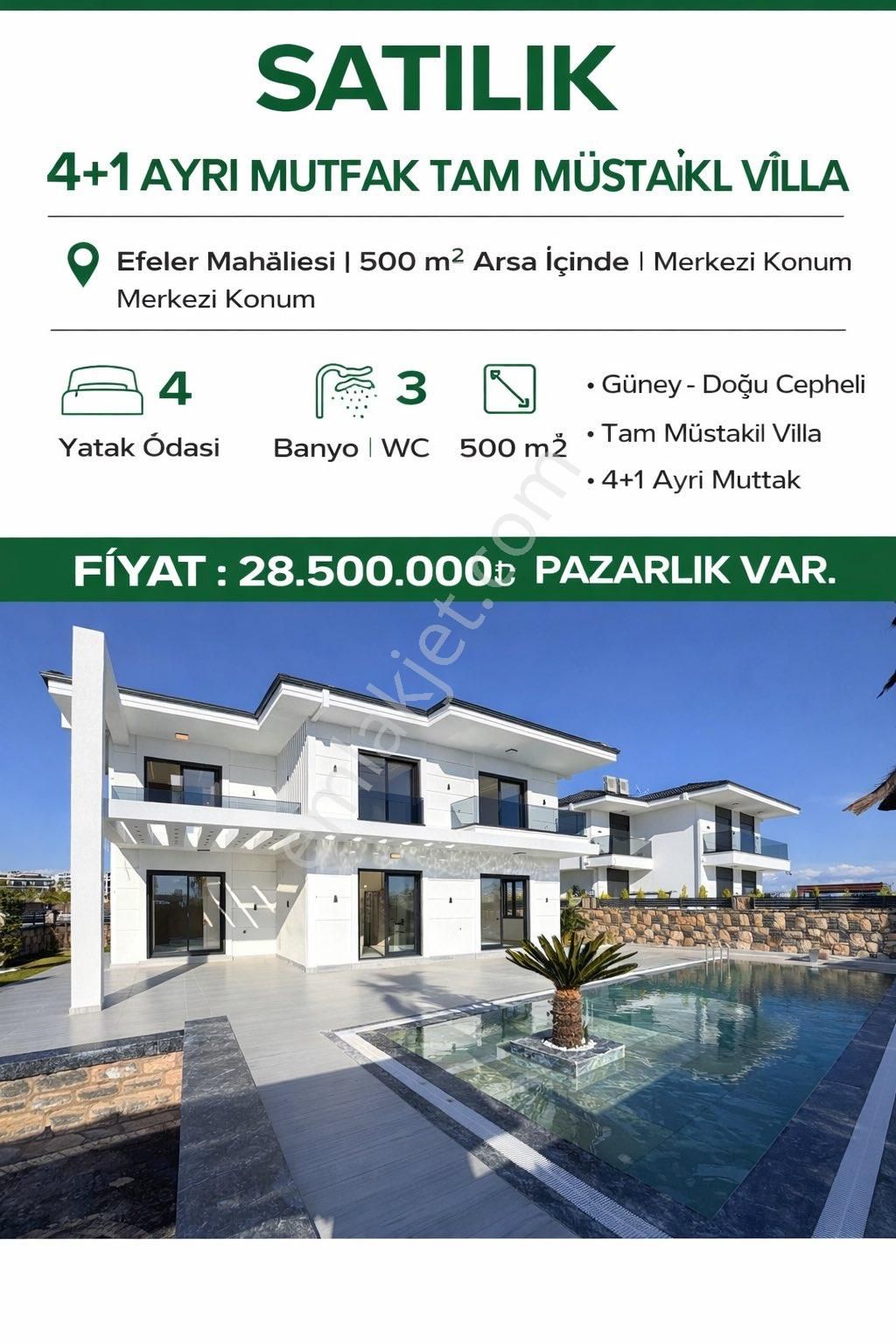 Efeler Mahallesinde 500m Arsa İçinde 4+1 Ebeveyn Banyolu Ayrı Mutfak Satıllık Villa