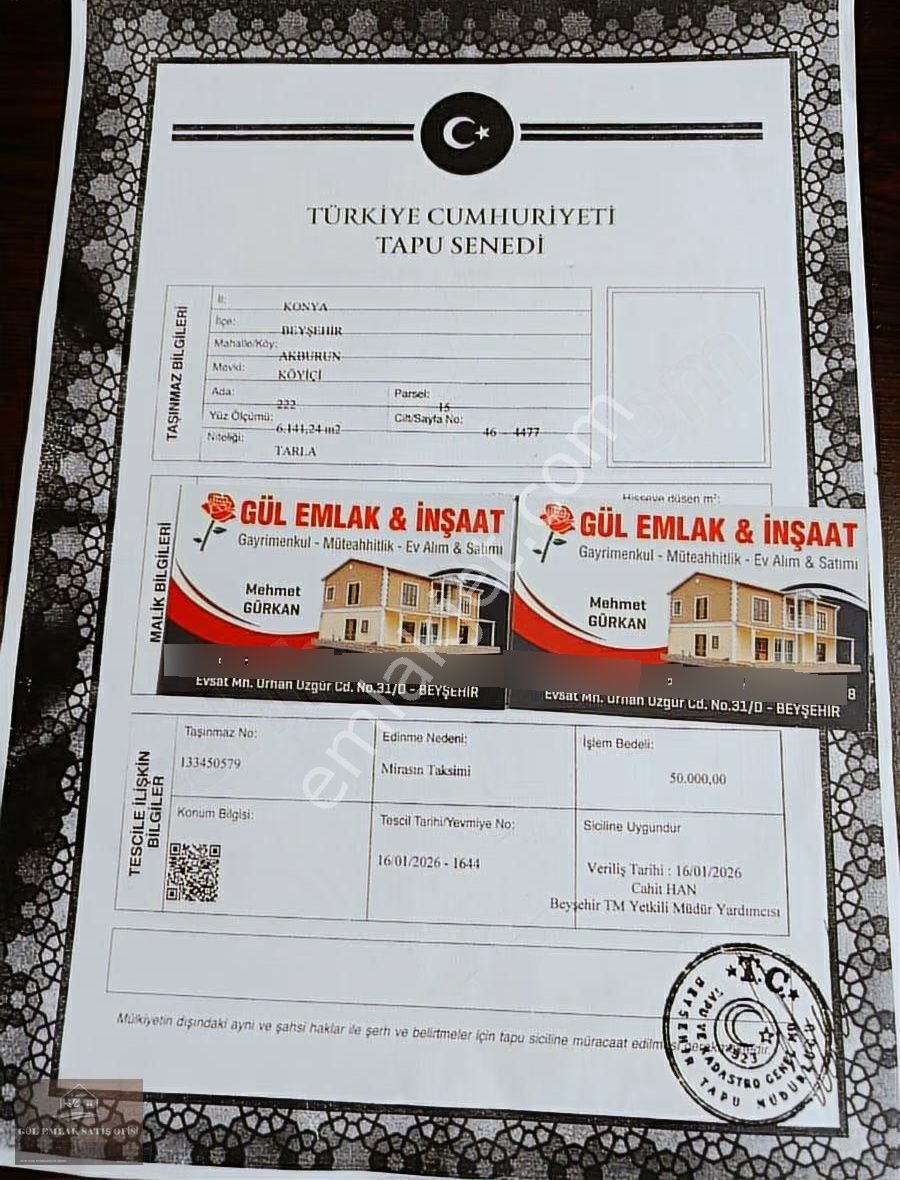 Konya Beyşehir Akburun Mah Sınırlarinda Satlik Sulak Tarla