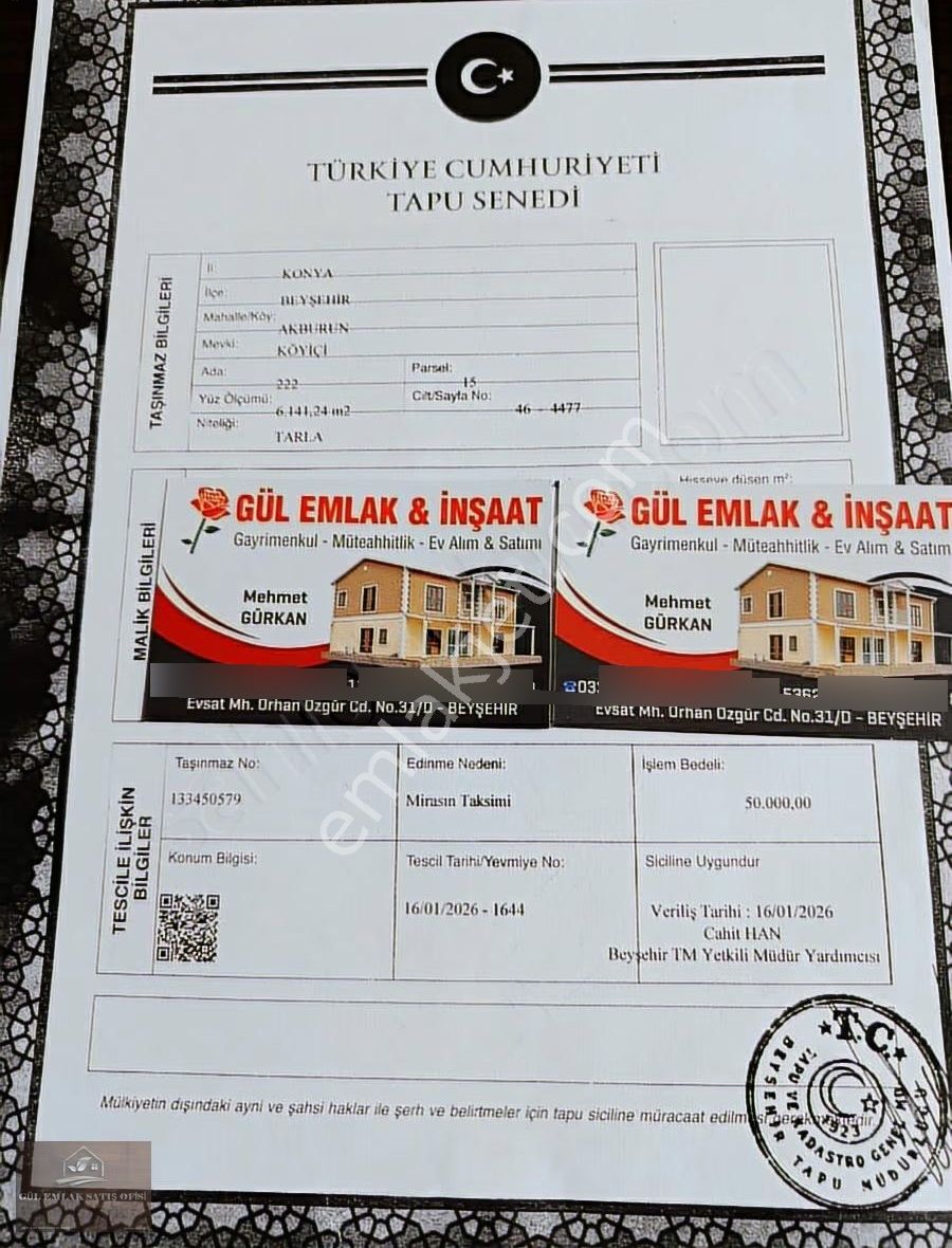 Konya Beyşehir Akburun Mah Sınırlarinda Satlik Sulak Tarla - Görsel 2