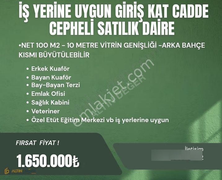 Cadde Cepheli Giriş Kat Ofis, Klinik, Kuaför Vb Yapımına Uygun