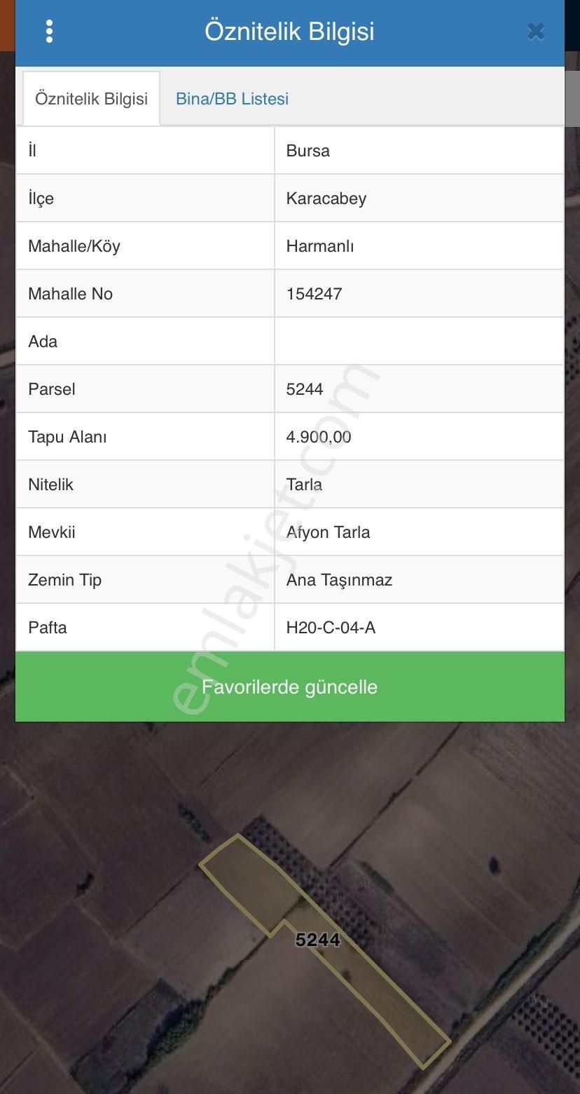 Bursa Karacabey Harmanlı 4.900 M2 Yola Cephe Satılık Tarla