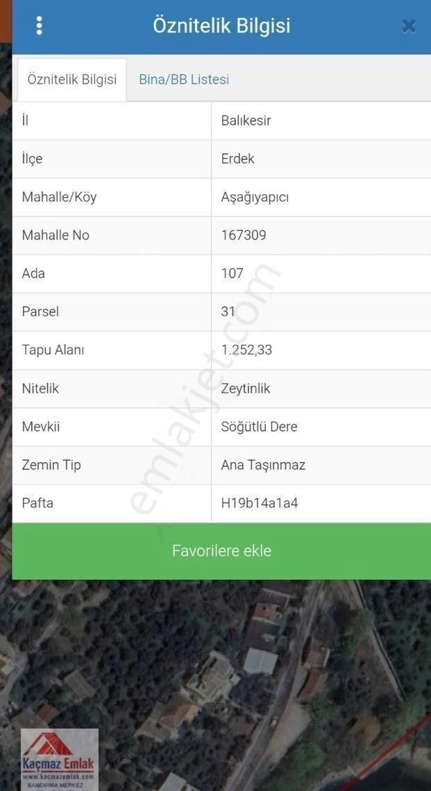 Balıkesir Erdek Aşağıyapıcı Mahallesi 1.252m2 Satılık Zeytinlik