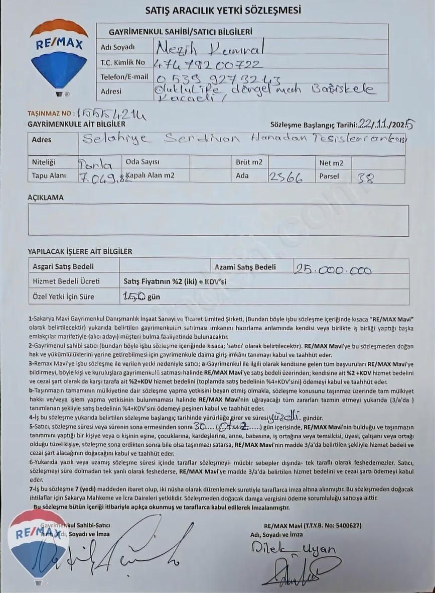 Satılık Tarla Sakarya Serdivan Selahiyede 7.049m2 Re/max Maviden