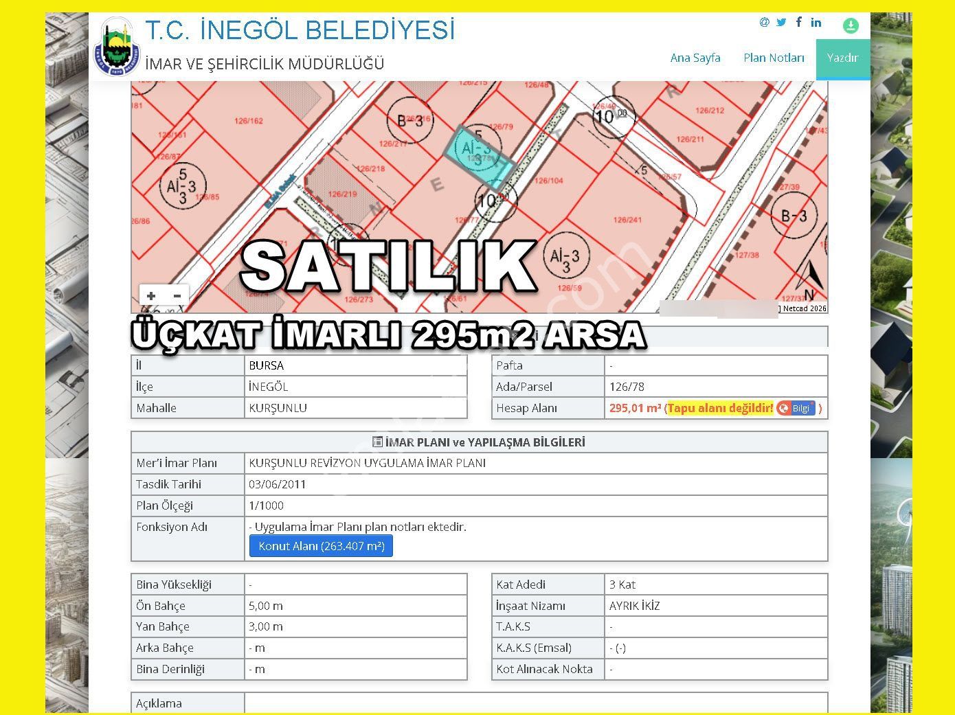 Bursa İnegöl Kurşunluda Acil Satılık Üçkat İmarlı 295m2 Arsa - Görsel 7