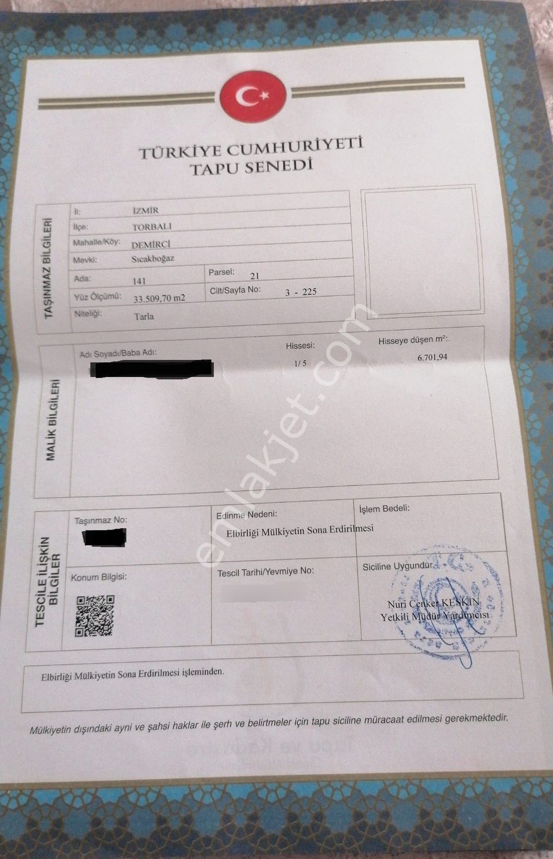 Torbalı Demirciköy De 6,702m2 Zeytinli Tarla