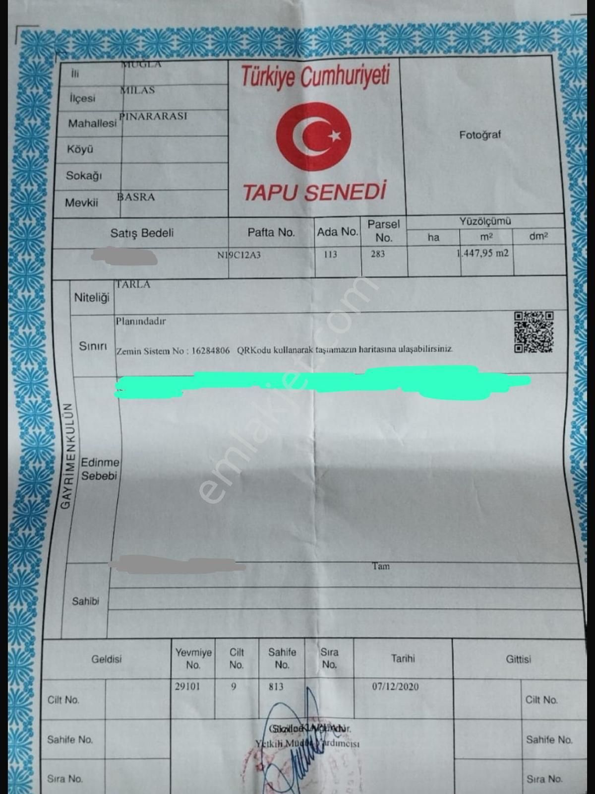 1,5 Dönüm (1448 M²) Yatırımlık Arsa