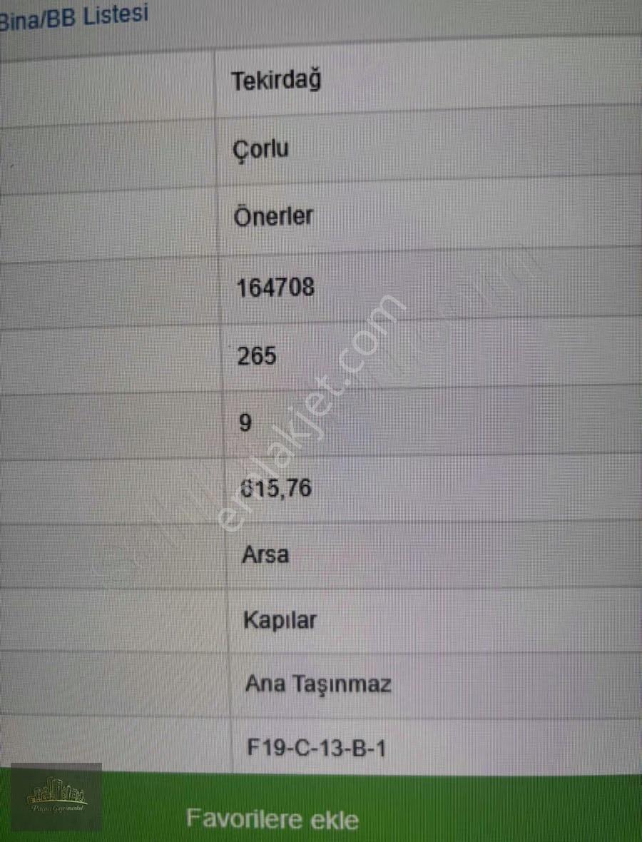 Çorlu Önerler Harika Konum Da Satılık Arsa 616 M2